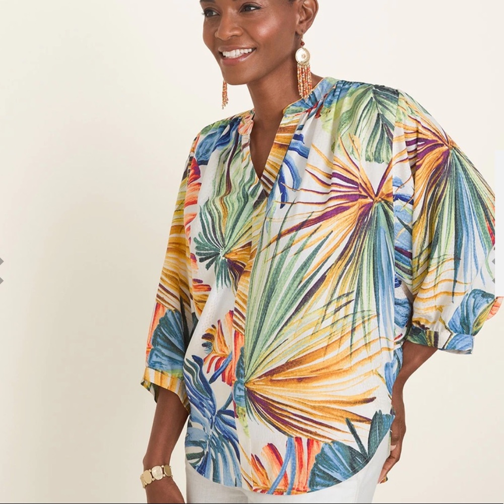 Chico’s Flowy Palm Print 3/4 Sleeve Blouse Size 1